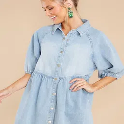 StyleCast Puff Sleeves Frayed Denim Shirt Dress-image-49