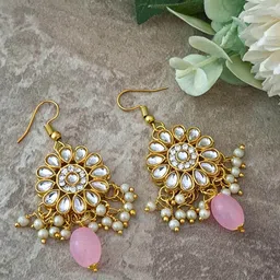 MERYCRAFT Gold Plated Kundan Stones Studded & Beaded Floral Drop Earrings-7