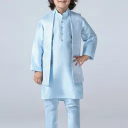 TAHVO Boys Mandarin Collar Dupion Silk Straight Kurta With Trousers & Jacket-4