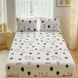 JC HOME White & Black Cartoon Characters 140 TC Fitted Queen Bedsheet Set-2.00 m x 1.50 m-image-22