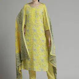 Jaipur Kurti Yellow Paisley Embroidered Cotton Mirror Work Kurta With Trousers & Dupatta-picture-49