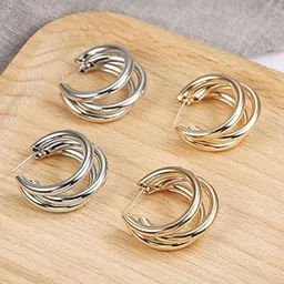 DN ENTERPRISES Set Of 2 Gold-Plated Twisted Layered Circular Shaped Half Hoop Earrings-4