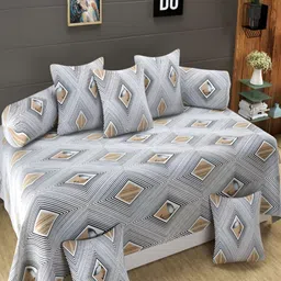Aura White & Black 8 Pieces Geometric Printed 160 TC Diwan Set-56