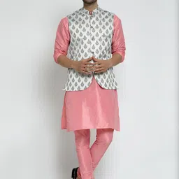 TS LIFESTYLE Men Floral Dupion Silk Kurta & Churidar With Nehru Jacket-image-63