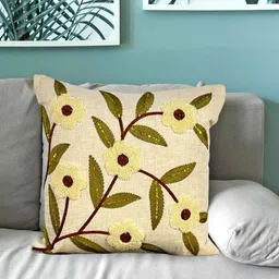 TANLOOMS Cream & Green Floral Embroidered Linen Square Cushion Cover-image-94