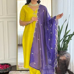 KALINI Women Embroidered Regular Thread Work Chanderi Silk Kurta with Trousers & Dupatta-17