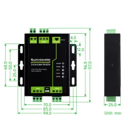 Waveshare Industrial 2-Ch CAN to Ethernet Server - 2-Ch CAN + RS485 + Ethernet Port image 4
