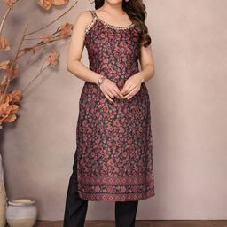 MINGORA Floral Printed Shoulder Straps Mirror Work Pure Silk Straight Kurta with Trousers-1