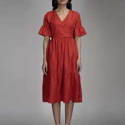 KRISS-CROX Polka Dots Printed Flared Sleeve Georgette Fit & Flare Dress-5