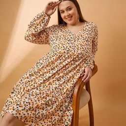 ANJIR Women Floral Printed puff Sleeves Fit & Flare Plus Size Dress-image-9