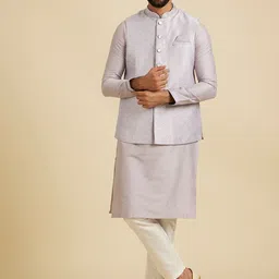 Manyavar Mandarin Collar Straight Kurta with Pyjama and Nehru Jacket-11