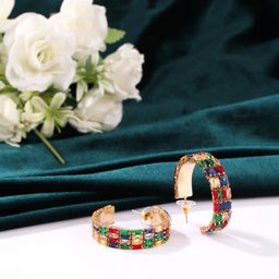 StyleCast Gold-Plated Rhinestone Studded Semi Sphere Shaped Half Hoop Earrings-image-79
