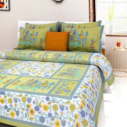 Aura White And Blue Printed Pure Cotton 144 TC Queen Bedsheet Set 2.10cm X 2.30 m-image-43
