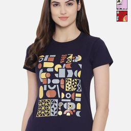 Dreambe Women Pack of 3 Geometric Printed Round Neck Cotton T-shirts-image-94