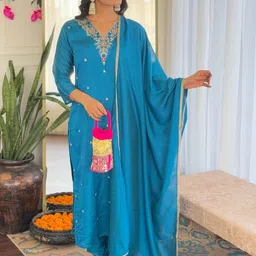 Moda Rapido Women Embroidered Regular Beads and Stones Kurta with Trousers & With Dupatta-image-19