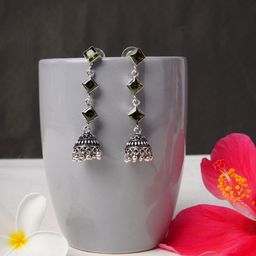 Bamboo Tree Jewels Artificial Stones Studded Oxidised Dome Shaped Jhumkas-image-42