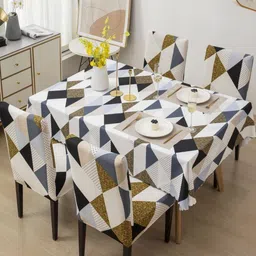 FAVRIA 5-Pcs Beige & Black Printed 4 Seater Table Cover With Chair Covers-30