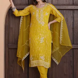 Berrylicious Floral Embroidered Sequinned Organza Straight Kurta With Trousers & Dupatta-image-63