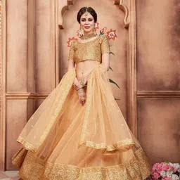 ODETTE Embellished Beads and Stones Soft Net Semi-Stitched Lehenga & Blouse With Dupatta image 4