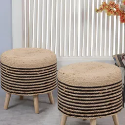 Shadowkart Set Of 2 Brown Wooden Jute Round Pouffe Ottomans-25