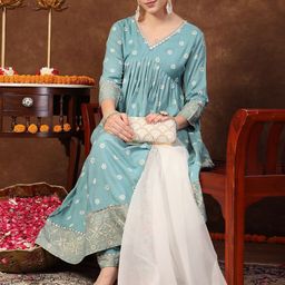 Stylum Ethnic Motifs Printed Empire Pure Cotton Kurta With Trousers & Dupatta-50