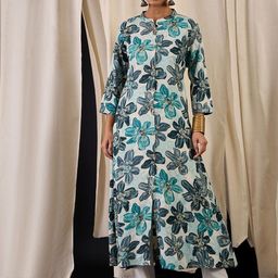 Anouk Floral Printed Mandarin Collar A-Line Kurta With Trousers-17
