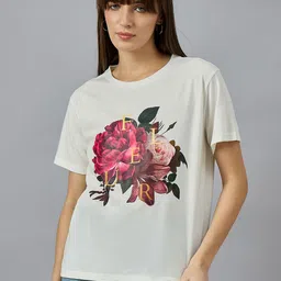 98 Degree North Floral Printed Round Neck Drop-Shoulder Sleeves Cotton T-shirt-image-99