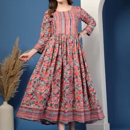 RANGEELO JAIPUR Women Floral Printed Gathered or Pleated Fit and Flare Knee Length Dress-picture-22