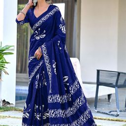Anouk Navy Blue & White Batik Pure Cotton Saree-picture-20