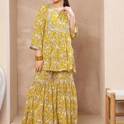 Noh.Voh - SASSAFRAS Girls Floral Printed Lace Work Peplum Tunic & Sharara-image-24