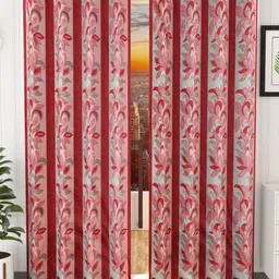 Galaxy Home Decor Maroon And Grey 2 Pieces Floral WindowCurtains-35
