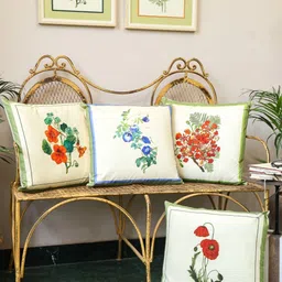 Crown of Poppies Blooming Garden White 4 Pieces Printed Cotton Square Cushion Covers-4