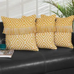 Ode & Cleo Mustard & White Set of 3 Abstract Square Cushion Covers-16