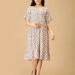 The Mom Store Women Floral Print Flared Sleeve Maternity A-Line Midi Dress-image-24
