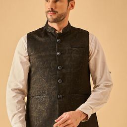 House of Pataudi Men Woven Design Nehru Jacket With Pocket Square-15