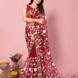 HERE&NOW Floral Embroidered Saree with Blouse Piece-image-98