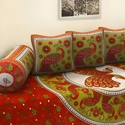 BAJO'S 6-Pcs Green & Red Printed Cotton Single Diwan Set-8