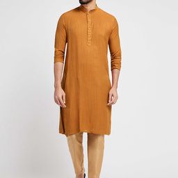 Ethnic India Striped Thread Work Mandarin Collar Straight Kurta-image-73