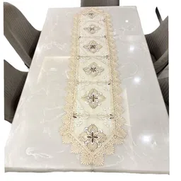TANLOOMS Off-White & Brown Embroidered Dining Table Runner-56