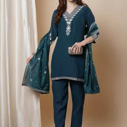 FASHOR Women Floral Embroidered Regular Mirror Work Kurta with Trousers & With Dupatta-18