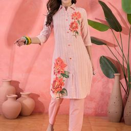 Sangria Floral Printed Shirt Collar Sequinned Cotton Straight Kurta With Trousers-picture-48