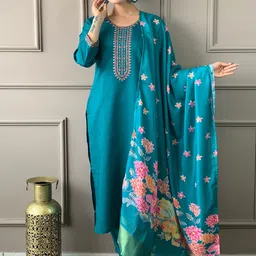KALINI Floral Embroidered Chanderi Cotton Straight Kurta With Trouser & Dupatta-image-62