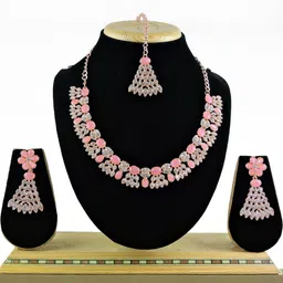 VATSALYA creation Women Pink Stones and Beaded Necklace and Earrings With Maang Tika-picture-24