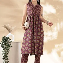 Anouk Brown Ethnic Motifs Printed Pure Cotton Shirt Collar Kurta With Trouser-picture-47