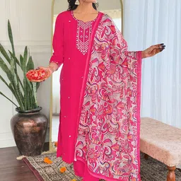 KALINI Floral Embroidered Thread Work Straight Kurta With Trousers & Dupatta-picture-2
