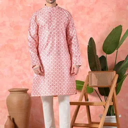 7 GEN Geometric Printed Mandarin Collar Straight Silk Kurta-image-77