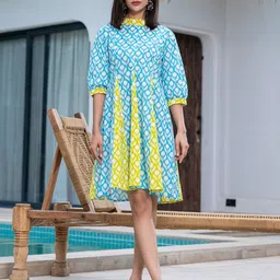 BAESD Colourblocked Embroidered Puff Sleeve Fit & Flare Dress-image-16