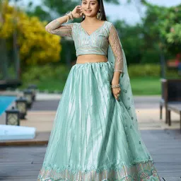 KALINI Embroidered Thread Work Semi-Stitched Lehenga & Unstitched Blouse With Dupatta-image-16