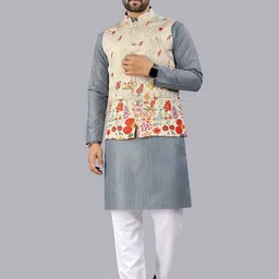 Leipzig Fashion Men Floral Printed Kurta with Pyjama Nehru Jacket-picture-9