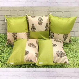 Pink Parrot Green & Cream-Coloured Set of 5 Ethnic Motifs Square Cushion Covers-12